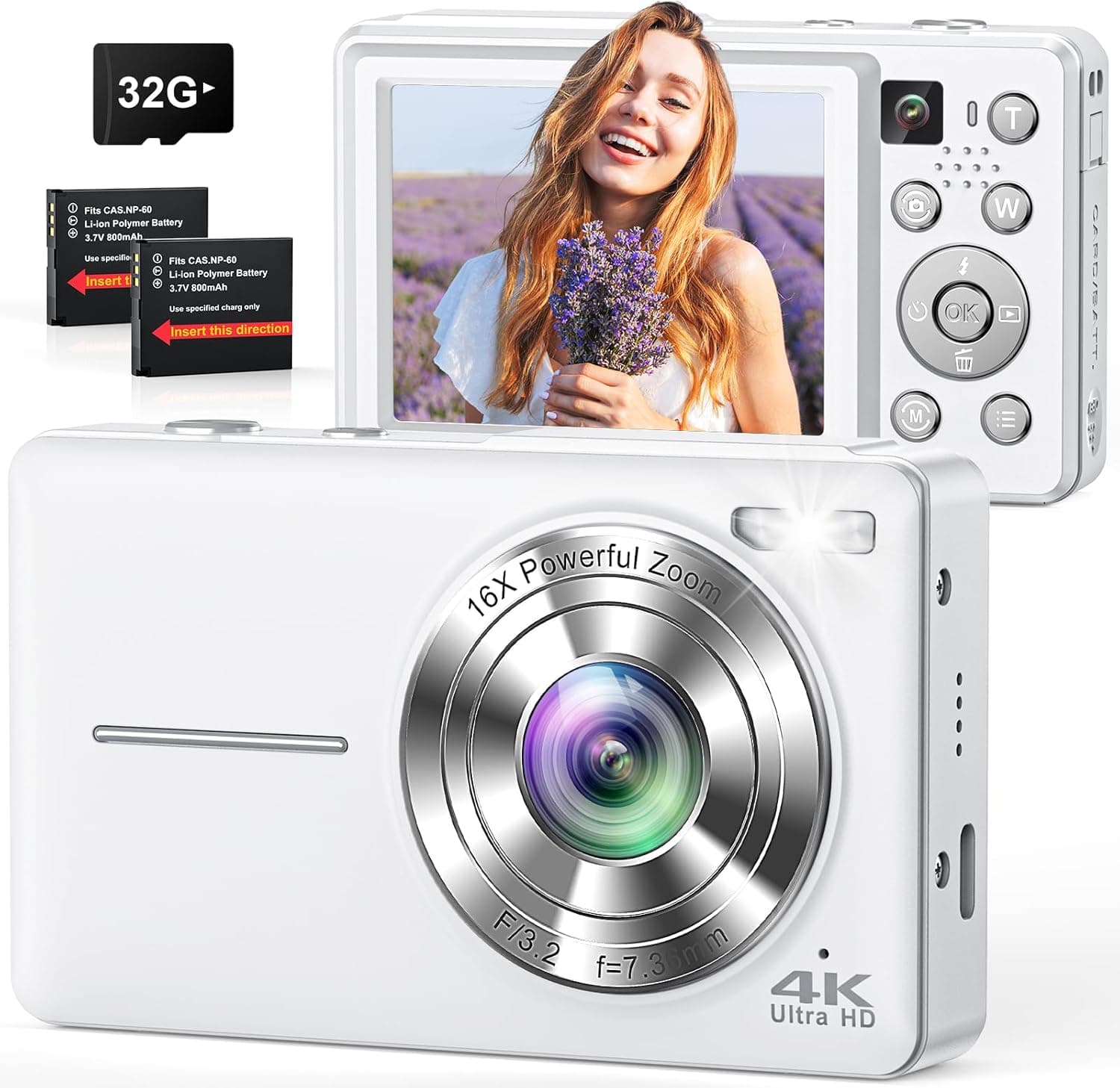 Digital Camera, Autofocus 4K Vlogging Camera 48MP with 32GB Card, 16X Zoom, Anti-Shake, 2 Batteries (White)